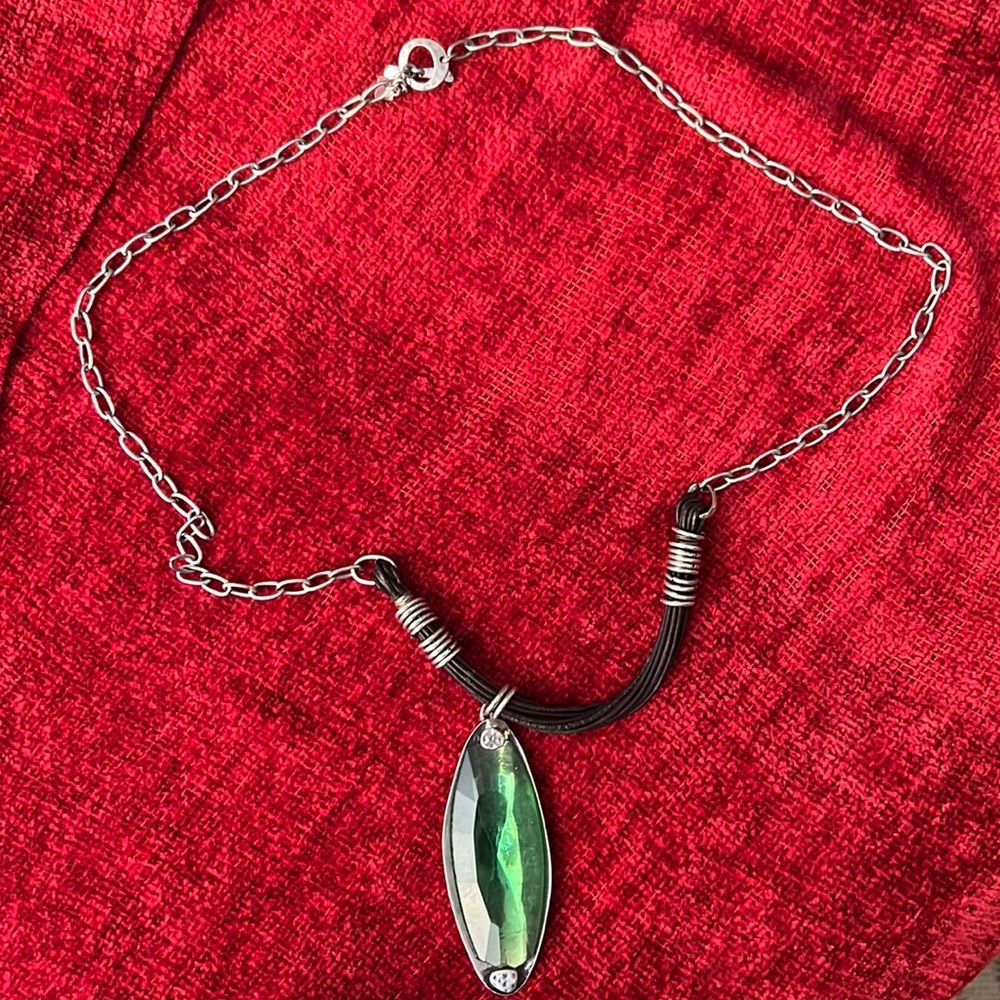 Vintage RLM soho heavy silver tone boho statement necklace Green Glass